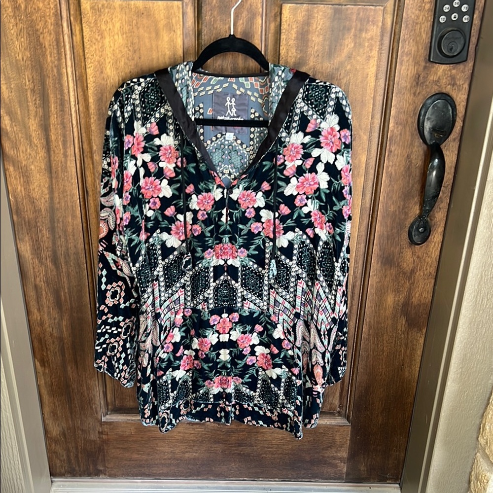 Johnny Was Blue and Pink burnout velvet Graphic hoodie/Blouse